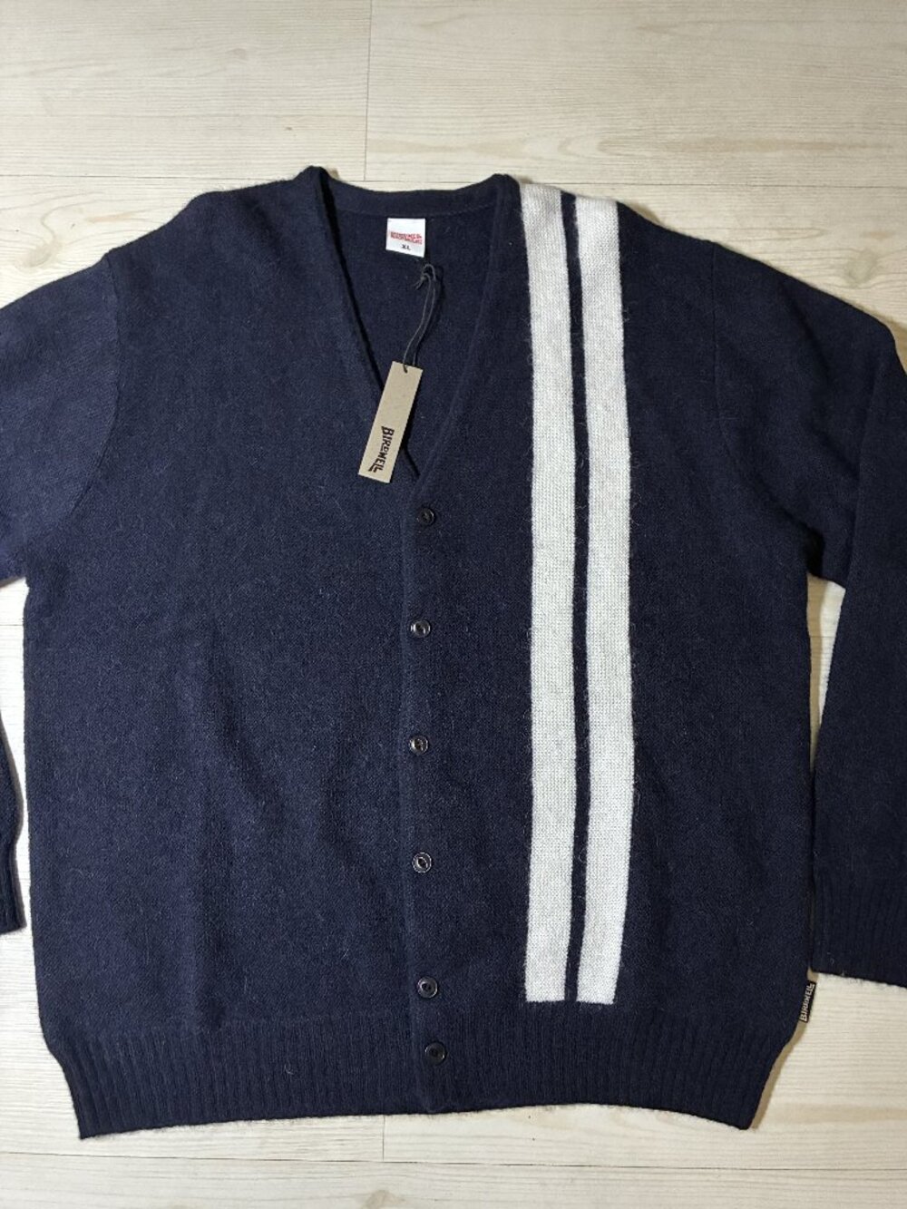 Birdwell Beach Britches Comp Stripe Alpaca Merino Wool Cardigan Navy Blue XL NWT